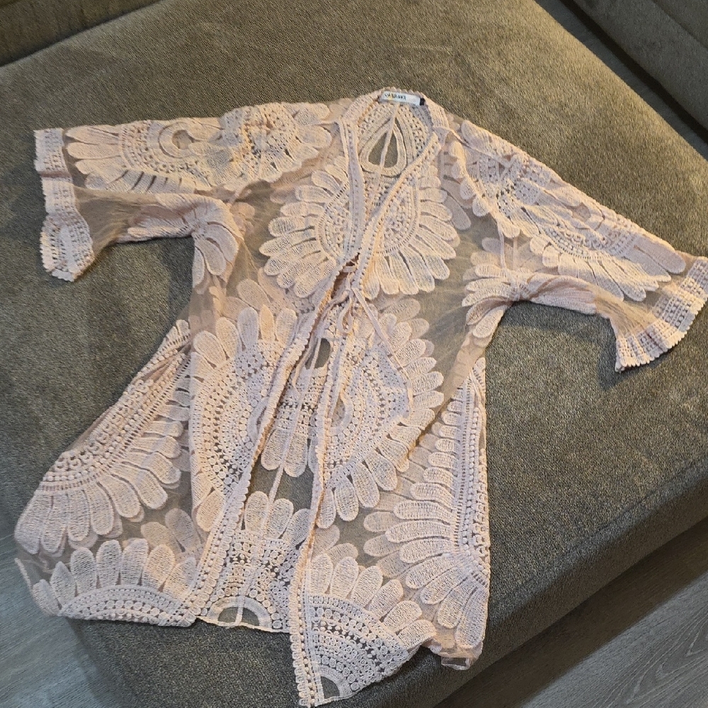 Origami Lace Kimono Cardigan in Light Pink Mauve Rose